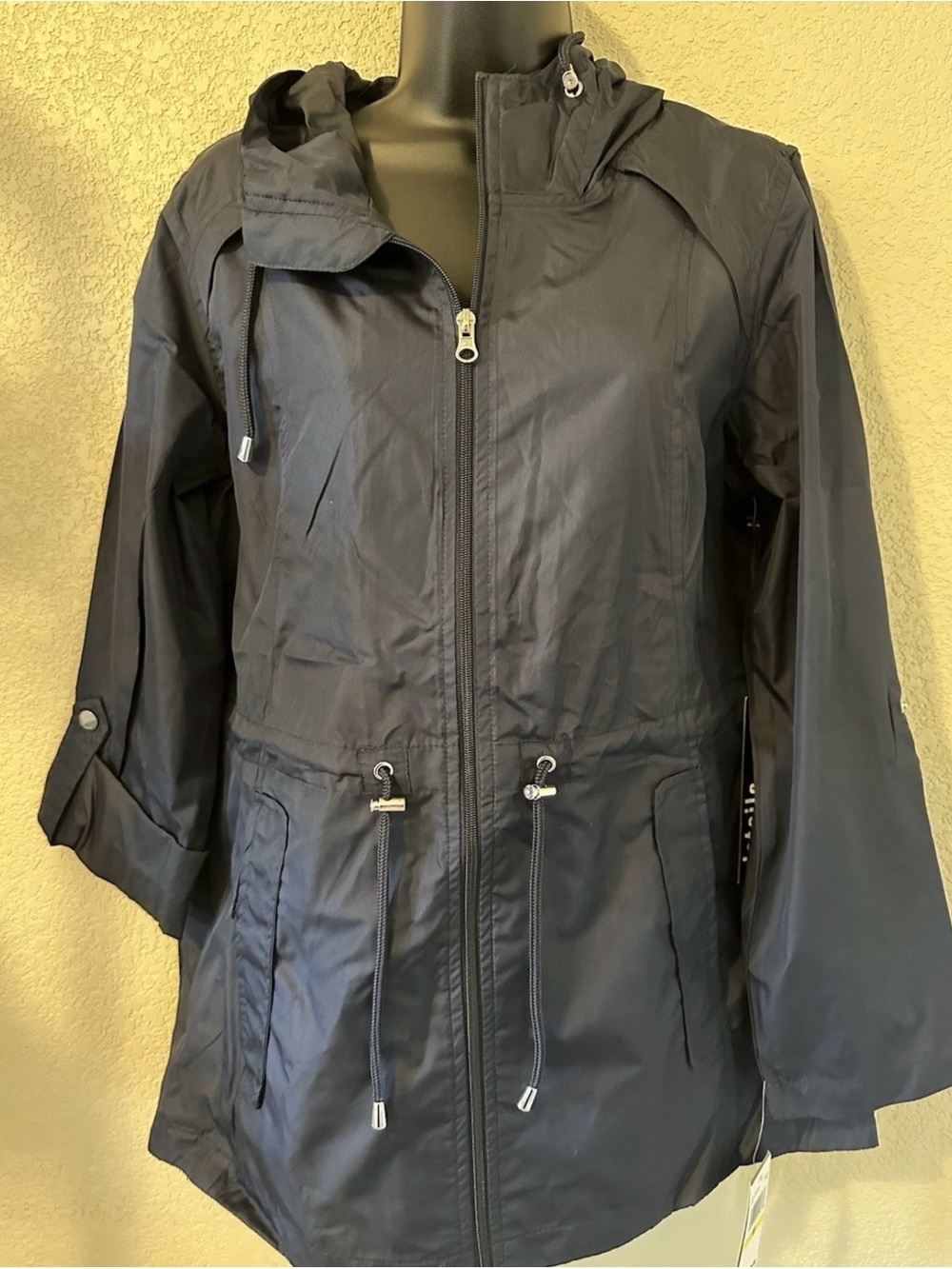 Impermeable Navy Hooded Utility coat water resistant jacket size M new